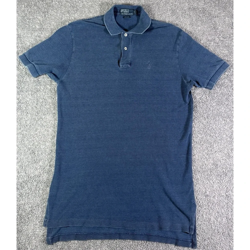 Vintage Polo Ralph Lauren Shirt Mens Small Blue Mesh Cotton Polo Ribbed Sleeve